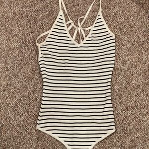 striped bodysuit with strappy detail in the back